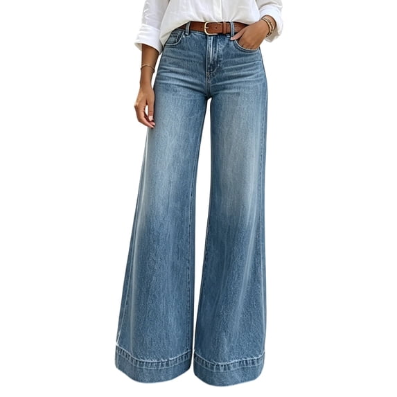 Washed Button Wide Leg Loose Pocket High Waist Long Jeans For Women