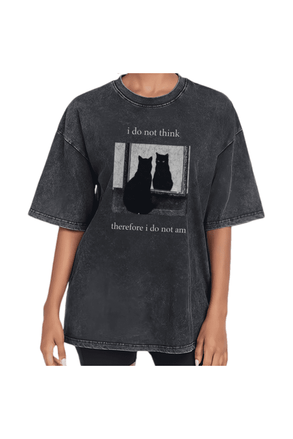 Washed Cat Shirt Graphic Tees Print Tshirt Shirts Black Washed Women Cat Reflection Quote Vintage Style Casual Tee Size S-2XL Soft Fit Tops
