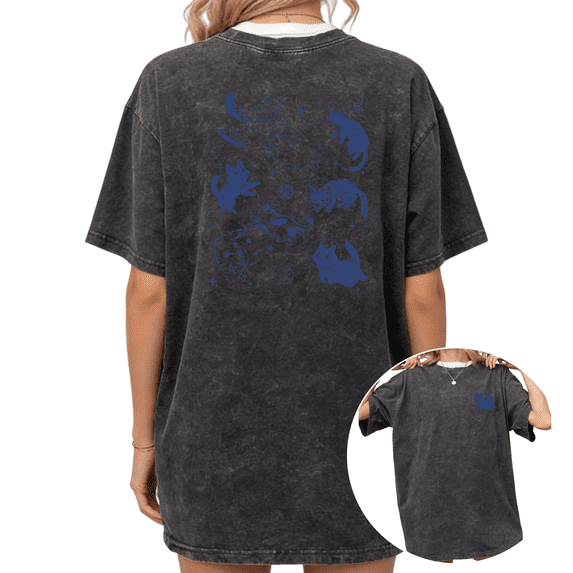 Washed Cat Shirt Graphic Tees Print Tshirt Shirts Black Washed Women Cute Galaxy Cat Cartoon Design Vintage Style Tee Size S-2XL Tops