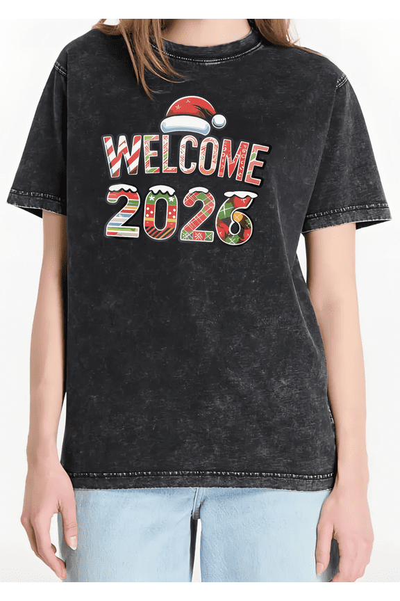 Washed Christmas hat Welcome 2026 Theme Graphic Tee T Shirt Tops Breathable Short Sleeve Round Neck Black S-2XL Plus Size