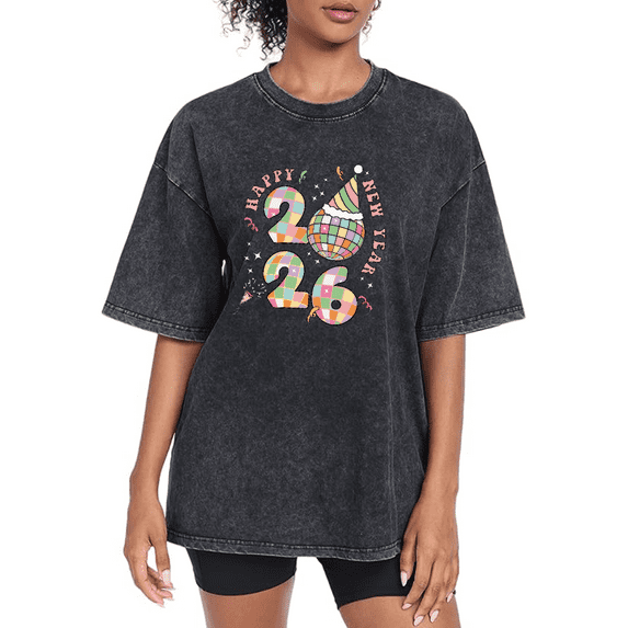 Washed Colorful 2026 Happy New Year Theme Graphic Tee T Shirt Tops Trendy Short Sleeve Round Neck Black S-2XL Plus Size