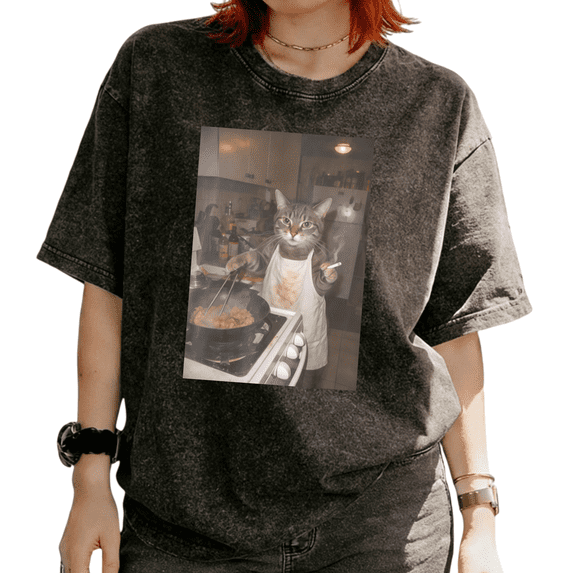 Washed Cooking Cat Meme Graphic Casual Tee T-shirt Chef Cat With Cigarette Realistic Round Neck Black S-2XL Plus Size