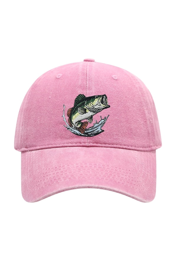 Washed Cotton Adult Baseball Cap, Bass Fish Embroidery Adjustable Unisex Fishing Dad Hat