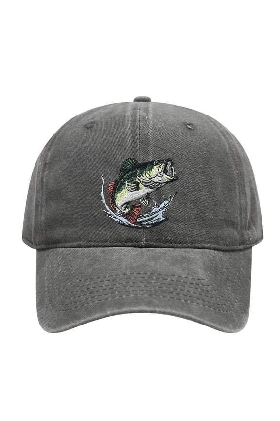 Washed Cotton Adult Baseball Cap, Bass Fish Embroidery Adjustable Unisex Fishing Dad Hat