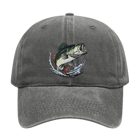 Washed Cotton Adult Baseball Cap, Bass Fish Embroidery Adjustable Unisex Fishing Dad Hat