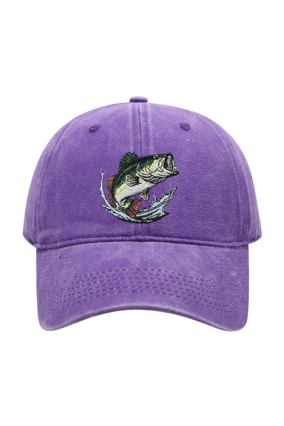 Washed Cotton Adult Baseball Cap, Bass Fish Embroidery Adjustable Unisex Fishing Dad Hat