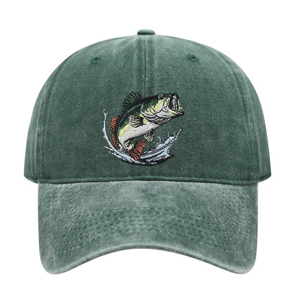 Washed Cotton Adult Baseball Cap, Bass Fish Embroidery Adjustable Unisex Fishing Dad Hat