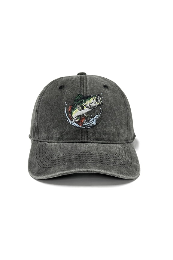 Washed Cotton Adult Baseball Cap, Bass Fish Embroidery Adjustable Unisex Fishing Dad Hat