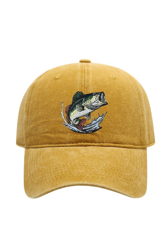 Washed Cotton Adult Baseball Cap, Bass Fish Embroidery Adjustable Unisex Fishing Dad Hat