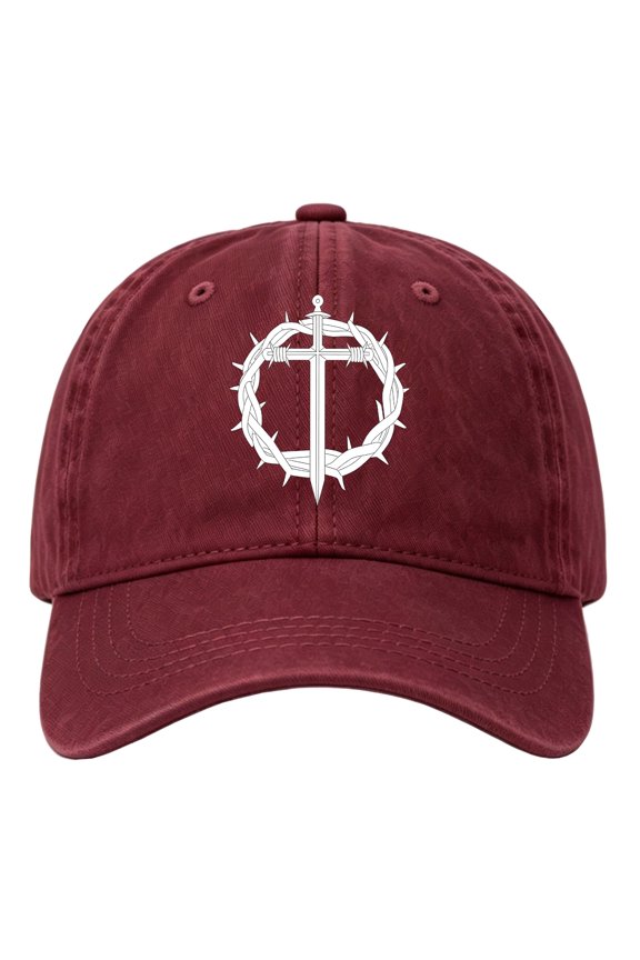 Washed Cotton Baseball Cap, Crown of Thorns Cross Sword Graphic Adjustable Dad Hat, Unisex Vintage Distressed Trucker Style Hat for Outdoor Daily Wear