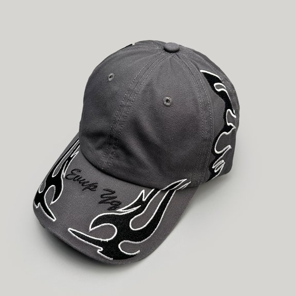 Washed Cotton Baseball Cap, Flame Graphic & Script Letter Embroidery Curved Brim Adjustable Streetwear Dad Hat for Daily Street Outdoor Multiple Styles