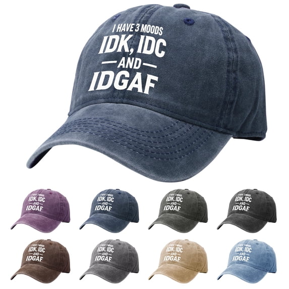 Washed Cotton Baseball Cap with IDK IDC & IDGAF print,Adjustable Vintage Distressed Dad Hat,Curved Brim Casual Trucker Cap for Daily Wear Outdoor Weekend Street Outfit for Men Women