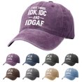 thumbnail image 1 of Washed Cotton Baseball Cap with IDK IDC & IDGAF print,Adjustable Vintage Distressed Dad Hat,Curved Brim Casual Trucker Cap for Daily Wear Outdoor Weekend Street Outfit for Men Women, 1 of 3