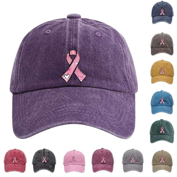 Washed Cotton Baseball Cap with Pink Ribbon Print, Distressed Vintage Soft Top Hat for Breast Cancer Awareness and Support, Retro Style for Daily Wear-Black
