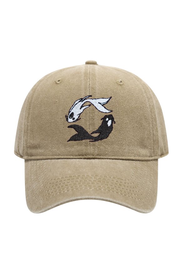 Washed Cotton Baseball Cap for Adults, Yin Yang Koi Fish Embroidered Vintage Dad Hat, Adjustable Casual Outdoor Fishing Hat