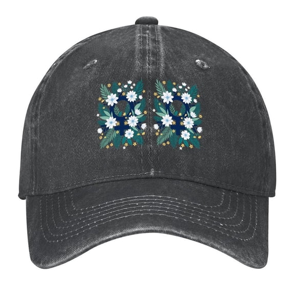 Washed Cotton Baseball Caps for Men Women, Breathable Retro Adjustable Dad Hats with Crown for Running, Outdoor, Daily Casual Wear, Black-Floral Feminine