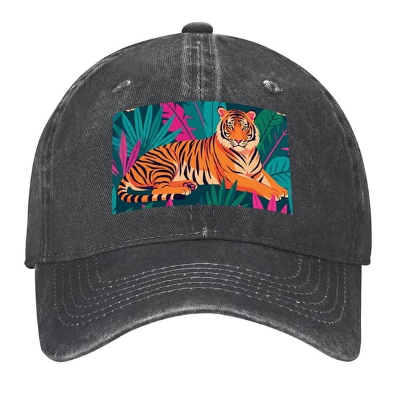 Washed Cotton Baseball Caps for Men Women, Breathable Retro Adjustable Dad Hats with Crown for Running, Outdoor, Daily Casual Wear, Black-Jungle Tiger