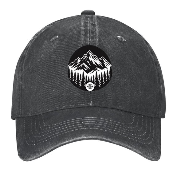 Washed Cotton Baseball Caps for Men Women, Breathable Retro Adjustable Dad Hats with Crown for Running, Outdoor, Daily Casual Wear, Black-Peak Compass
