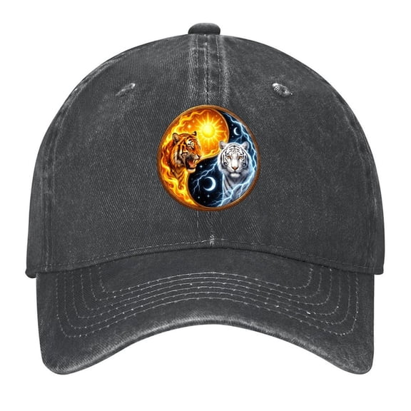 Washed Cotton Baseball Caps for Men Women, Breathable Retro Adjustable Dad Hats with Crown for Running, Outdoor, Daily Casual Wear, Black-Yin Yang Tigers