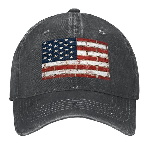Washed Cotton Baseball Caps for Men Women, Breathable Retro Adjustable Dad Hats with Crown for Running, Outdoor, Daily Casual Wear, Black-Brick Flag