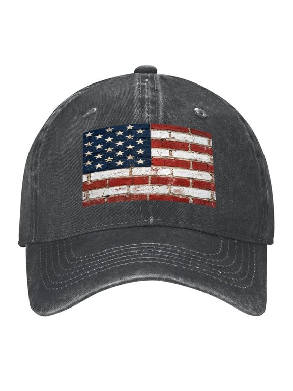 Washed Cotton Baseball Caps for Men Women, Breathable Retro Adjustable Dad Hats with Crown for Running, Outdoor, Daily Casual Wear, Black-Brick Flag