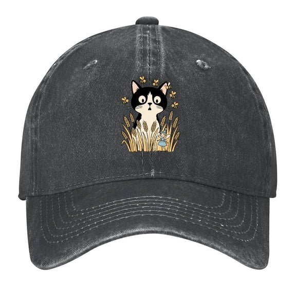 Washed Cotton Baseball Caps for Men Women, Breathable Retro Adjustable Dad Hats with Crown for Running, Outdoor, Daily Casual Wear, Black-Cat Fairy