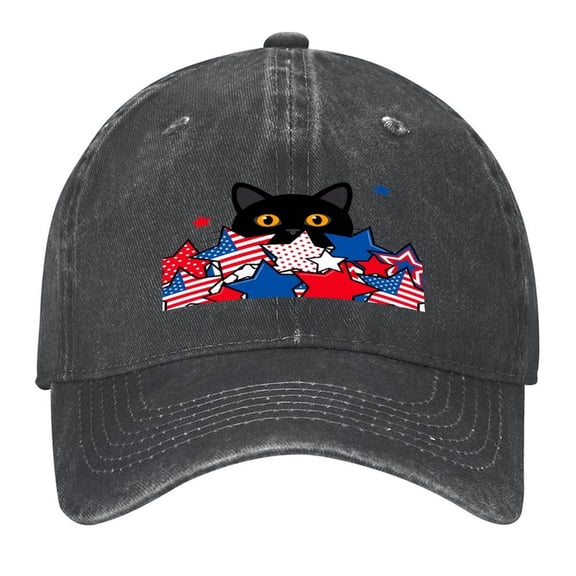 Washed Cotton Baseball Caps for Men Women, Breathable Retro Adjustable Dad Hats with Crown for Running, Outdoor, Daily Casual Wear, Black-Patriot Cat