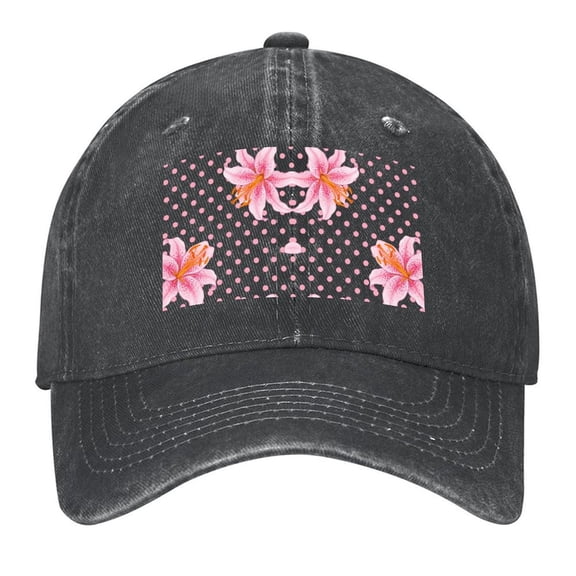 Washed Cotton Baseball Caps for Men Women, Breathable Retro Adjustable Dad Hats with Crown for Running, Outdoor, Daily Casual Wear, Black-Pink Lilies