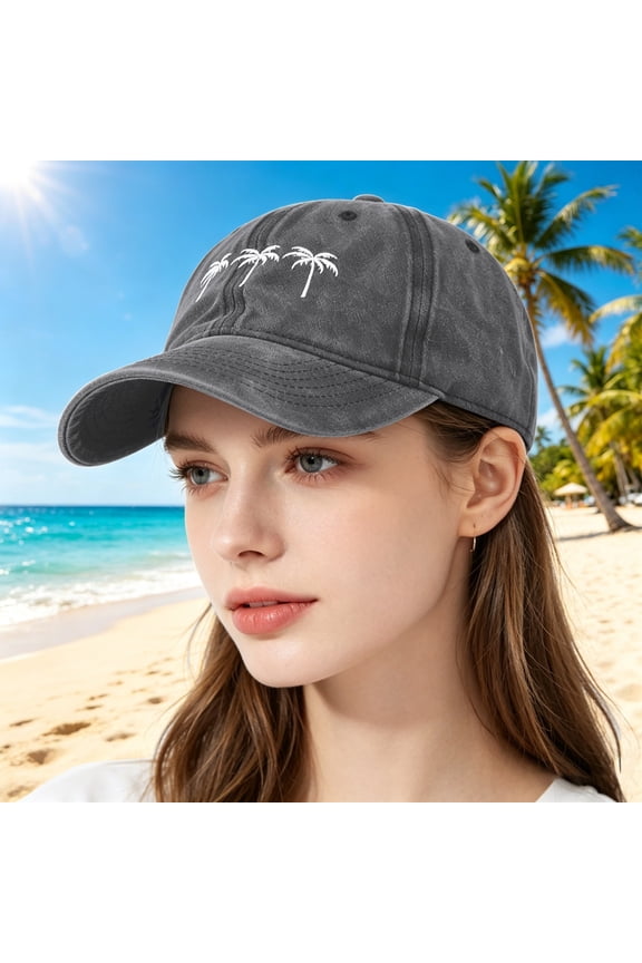 Washed Cotton Distressed Baseball Cap for Men Women,Embroidered Coconut Tree Dad Hat,Lightweight Adjustable Summer Sun Protection Cap for Outdoor Activities Black One Size