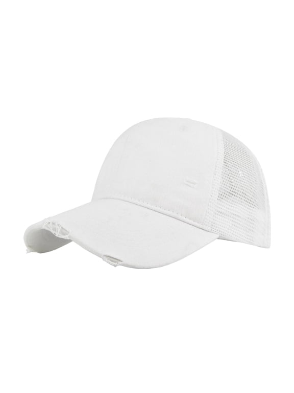 Washed Cotton Distressed Baseball Cap, Mesh Back Trucker Hat, Outdoor Hiking Headwear, Men Durable Breathable Adjustable Cap for Outing Mountain Climbing Outdoor Leisure Retro Casual Hat,White