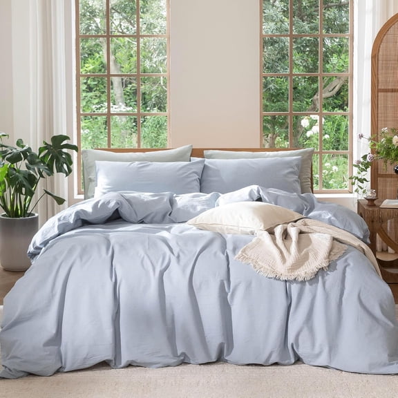 Washed Cotton Duvet Cover Set with Linen-Like Texture Breathable Soft Comfortable Heathered Cornflower Blue King 104"x90"