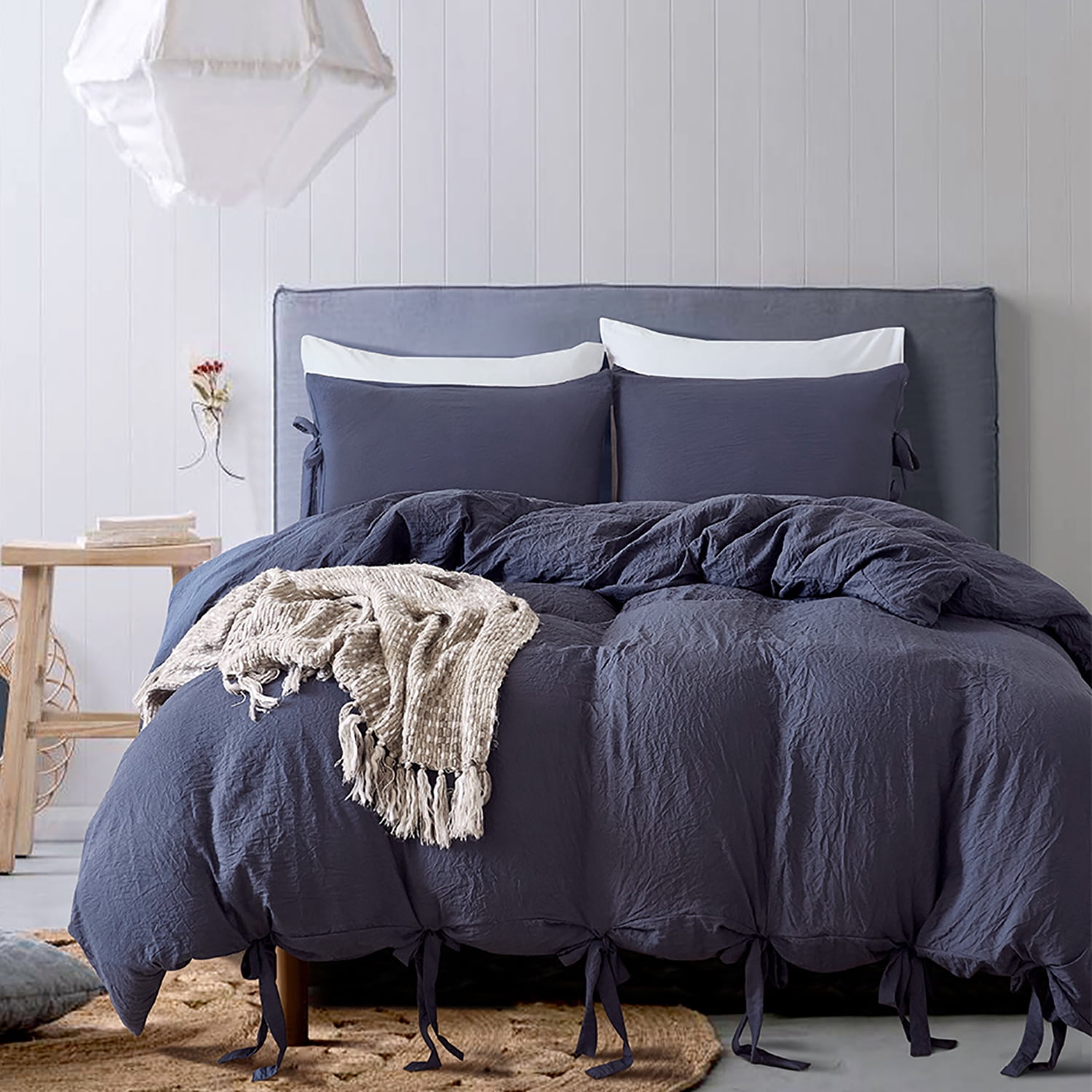 Washed Cotton Duvet Cover Twin, Navy Blue Minimalist Cotton Duvet Cover Set, 3 Pieces Plain Simple Cotton Duvet Cover Set with 2 Pillow Shams, Twin, 66"*90"