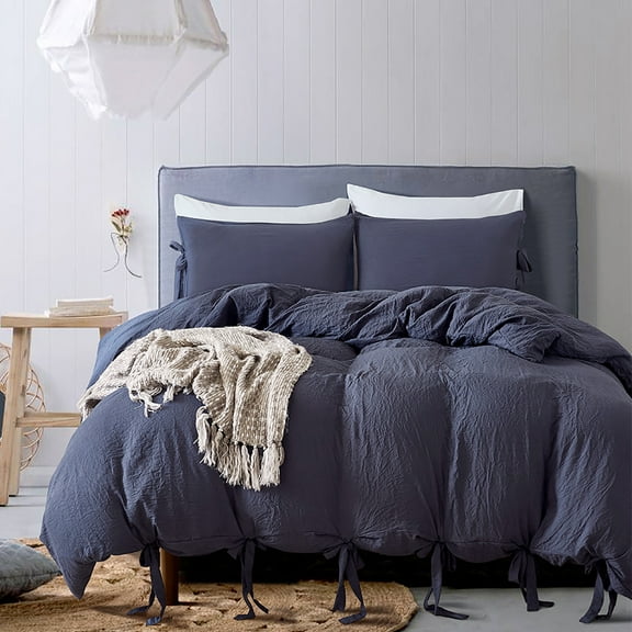 Washed Cotton Duvet Cover Twin, Navy Blue Minimalist Cotton Duvet Cover Set, 3 Pieces Plain Simple Cotton Duvet Cover Set with 2 Pillow Shams, Twin, 66"*90"