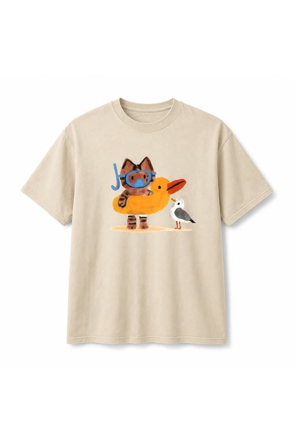 Washed Cotton Graphic T-Shirt, Beach Cat Print, Unisex Oversized Tee, S-4XL