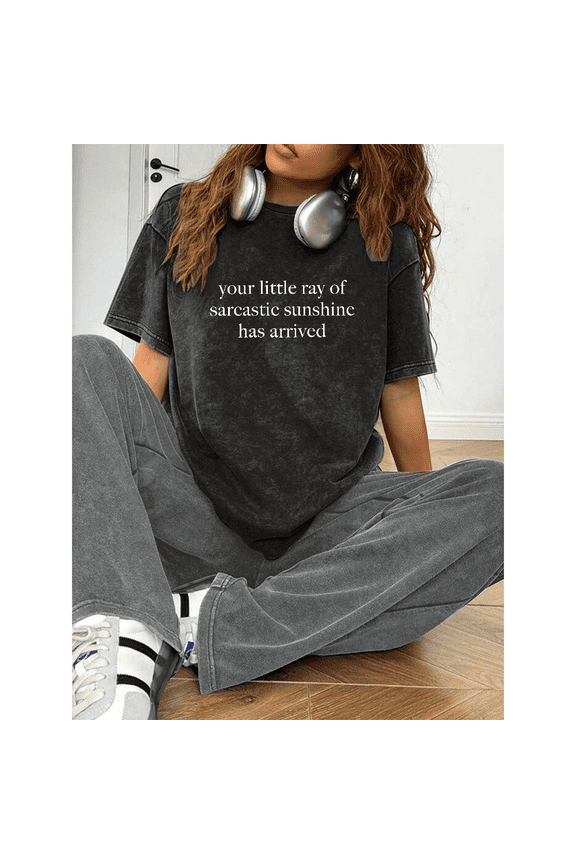 Washed Cotton Oversized T-Shirt, "Sarcastic Sunshine" Funny Graphic Tee, Loose Fit for Women, S-3XL