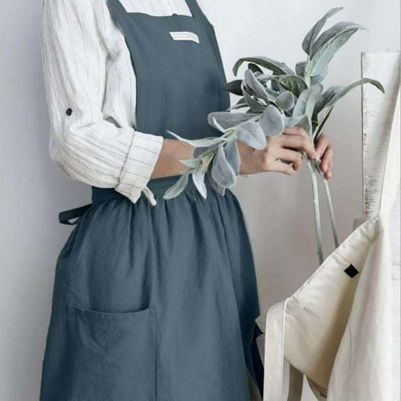 Washed Cotton Pinafore Elegent Working Apron with Pleated Skirt Adjustable Back Tie Halter Kitchen Cooking Apron Boho Solid Soft Cotton Work Apron for Baker Cafe Florist Housewarming Women