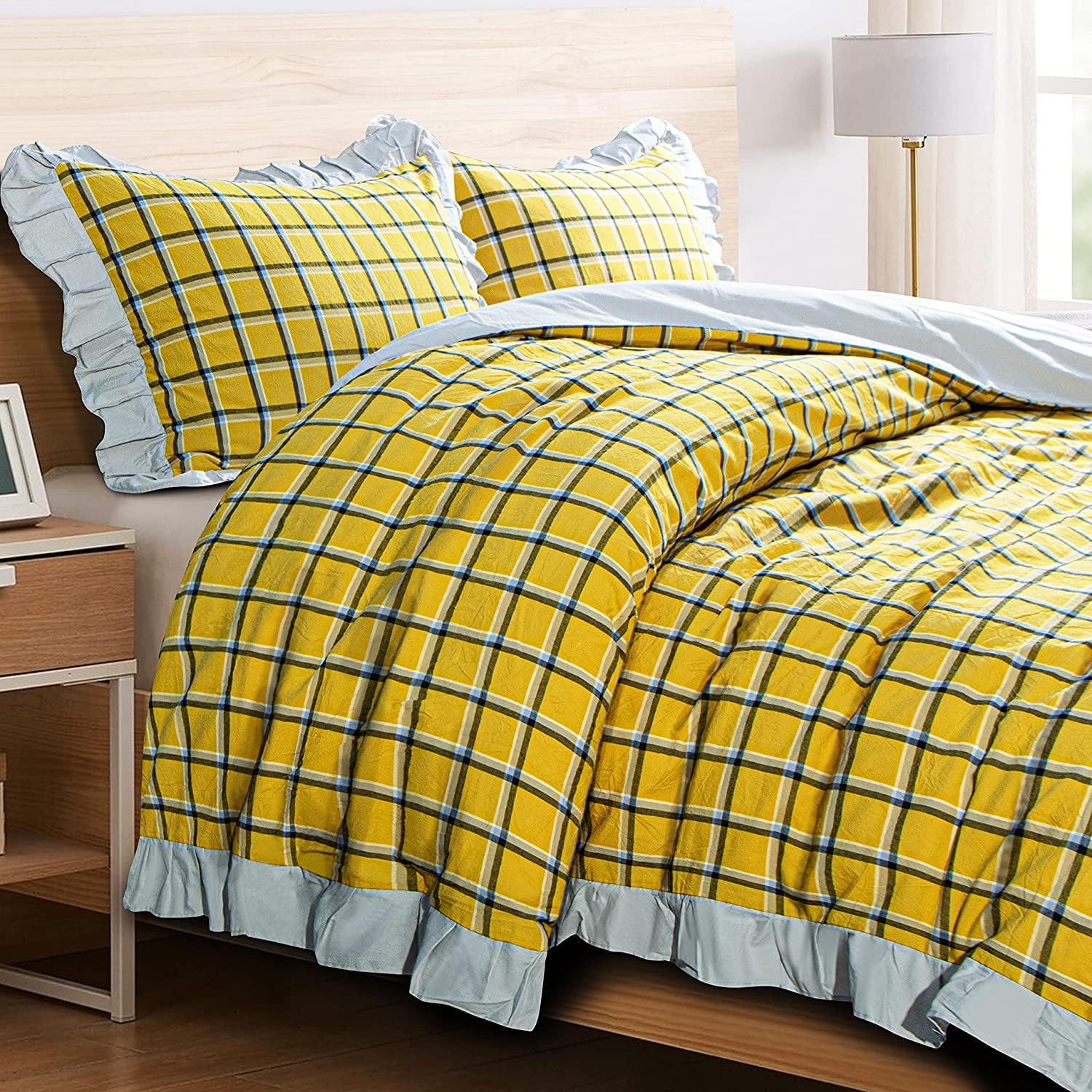 Washed Cotton Queen 90 x 90 Ruffled Duvet Cover Set 3 Pieces 1 Duvet Cover 2 Pillow Shams Ultra Soft and Breathable Comforter Cover Set with Zipper Closure Mustard Yellow Plaid Walmart Business Suppli...