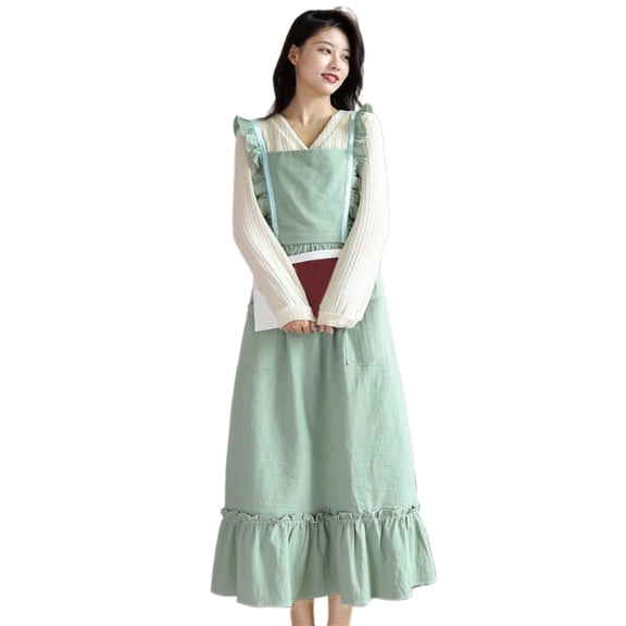 Washed Cotton Ruffled Long Apron for Women X Back Pinafore Dress Overalls with Pockets for Kitchen Garden Florist Shop
