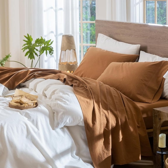 Washed Cotton Sheet Set Textured Breathable Soft Solid Dark Orange Queen