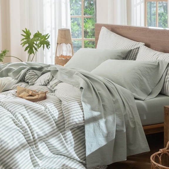 Washed Cotton Sheet Set Textured Linen-Like Breathable Soft Queen Heathered Sage Green
