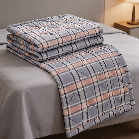 Washed Cotton Summer Air Conditioning Quilt, Breathable Cool Quilt With Plaid Pattern, Lightweight Bed Blanket for All Seasons