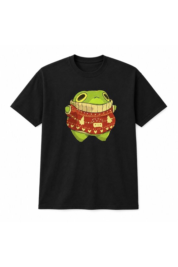 Washed Cute Frog Holiday Sweater Graphic T-Shirt, Unisex Oversized Cotton Tee, Vintage Streetwear Short Sleeve Top, S-4XL
