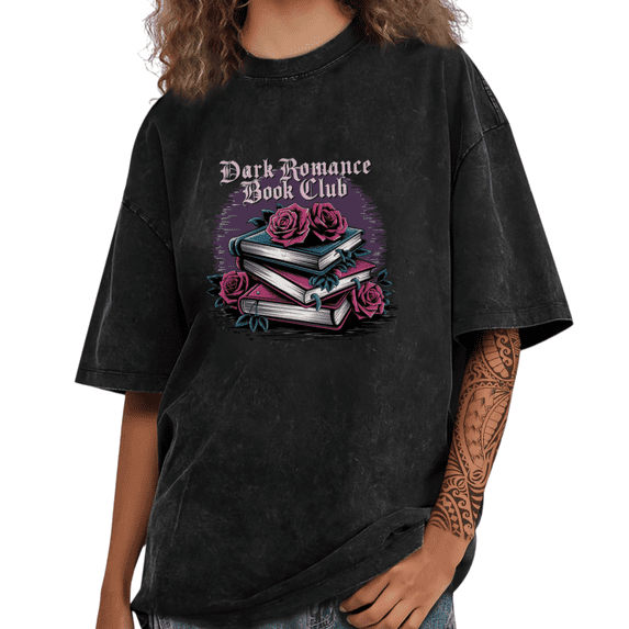 Washed Dark Romance Book Club Stacked Books Rose Graphic Suitable Tees T-shirt Short Sleeve Black S-2XL Plus Size