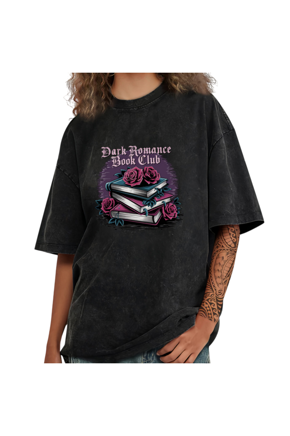 Washed Dark Romance Book Club Stacked Books Rose Graphic Suitable Tees T-shirt Short Sleeve Black S-2XL Plus Size
