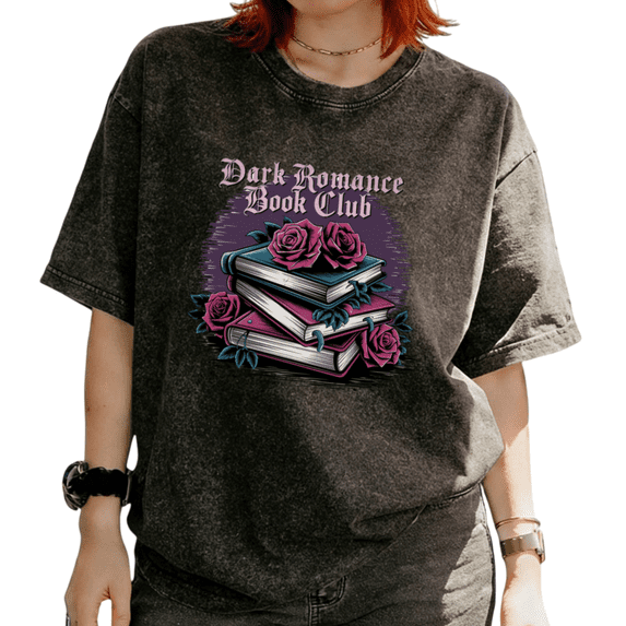Washed Dark Romance Book Club Stacked Books Rose Graphic Tees T-shirt Relaxed Fit Short Sleeve Black S-2XL Plus Size