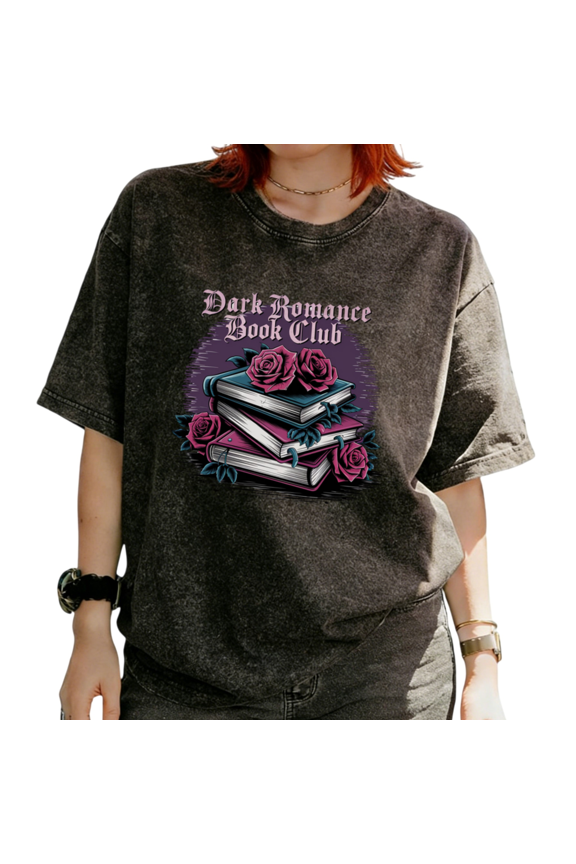 Washed Dark Romance Book Club Stacked Books Rose Graphic Tees T-shirt Relaxed Fit Short Sleeve Black S-2XL Plus Size