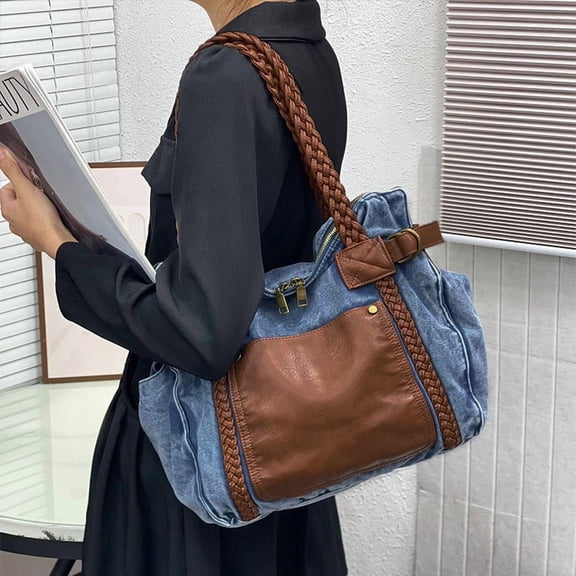 Washed Denim Shoulder Bag,Women Large Capacity Vintage Tote Bag,Effortless Chic Casual All-Match Contrast Color Splicing Handbag