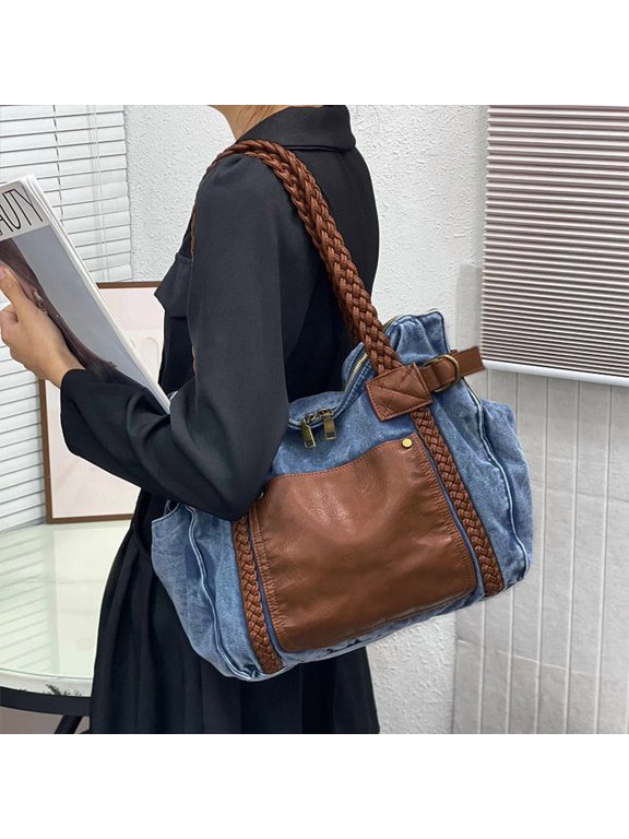 Washed Denim Shoulder Bag,Women Large Capacity Vintage Tote Bag,Effortless Chic Casual All-Match Contrast Color Splicing Handbag