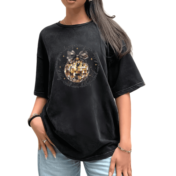 Washed Disco Ball 2026 Happy New Year Theme Graphic Tee T Shirt Tops Trendy Short Sleeve Round Neck Black S-2XL Plus Size