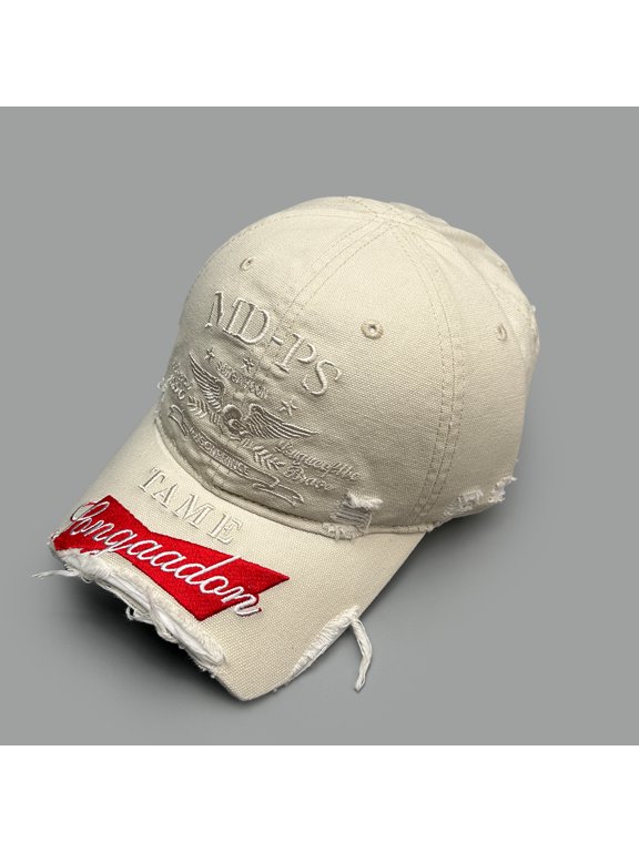 Washed Distressed Cotton Baseball Cap, Wing Letter Embroidery Vintage Dad Hat, Curved Brim Adjustable Sun Hat with Frayed Edge for Outdoor Street Daily Wear